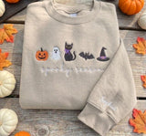Custom Spooky Season Sweatshirt, Halloween Black Cat Ghost Pumpkin Sleeve Name Crewneck