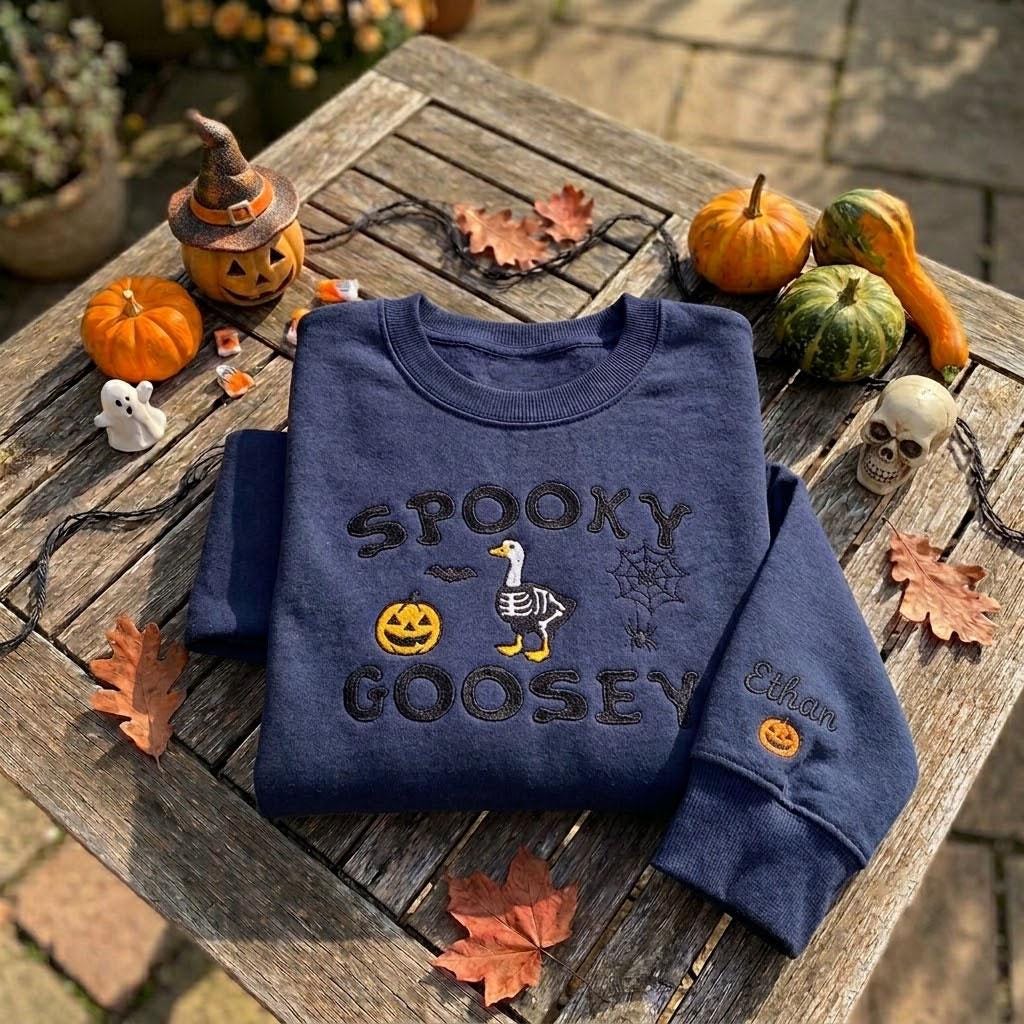 Custom Spooky Goosey Sweatshirt, Embroidered Halloween Skeleton Goose Duck Crewneck