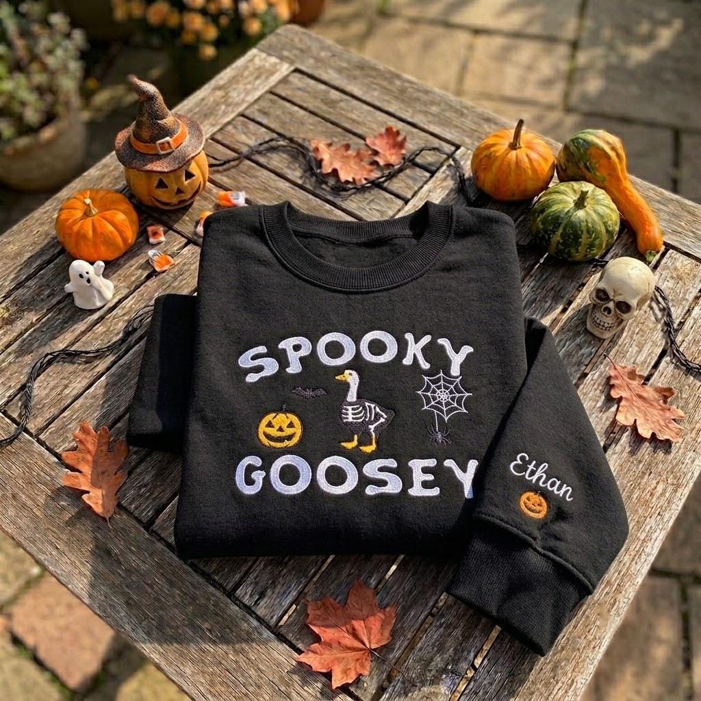 Custom Spooky Goosey Sweatshirt, Embroidered Halloween Skeleton Goose Duck Crewneck