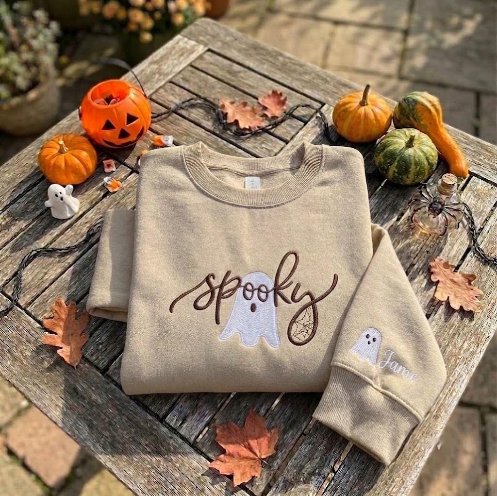 Custom Sleeve Name Spooky Ghost Sweatshirt, Embroidered Halloween Navy Crewneck