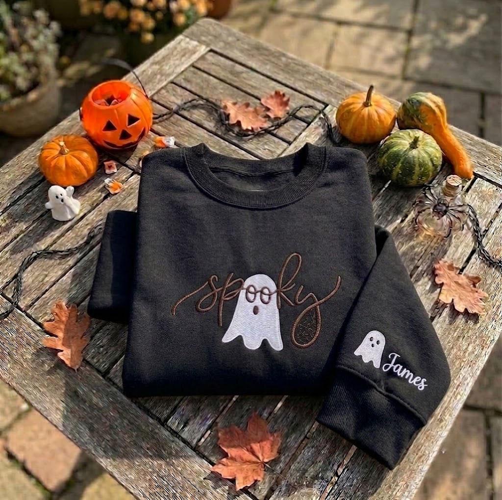 Custom Sleeve Name Spooky Ghost Sweatshirt, Embroidered Halloween Navy Crewneck