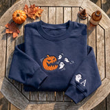 Custom Pumpkin Eating Ghosts Sweatshirt, Embroidered Sleeve Initial Halloween Crewneck