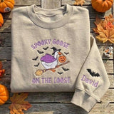 Custom Spooky Goose Embroidered Sweatshirt, Witch Goose On The Loose Sleeve Crewneck