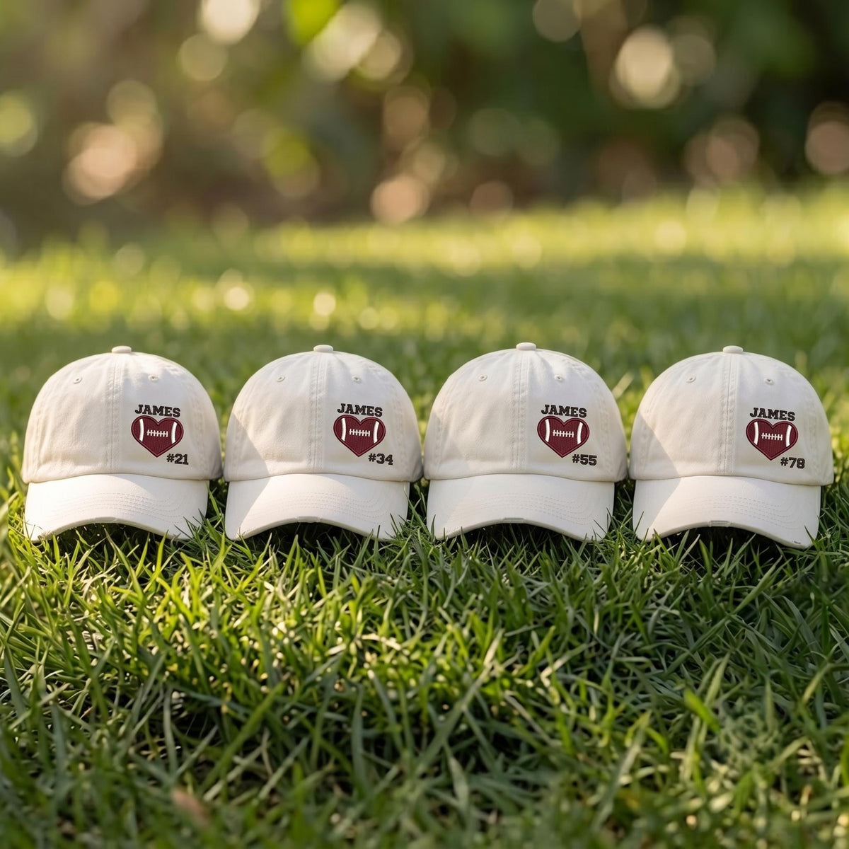Personalized Football Heart Hat, Custom Football Dad Cap, Embroidered Football Name Number Hat, Team Spirit Gift, Football Fan Baseball Cap