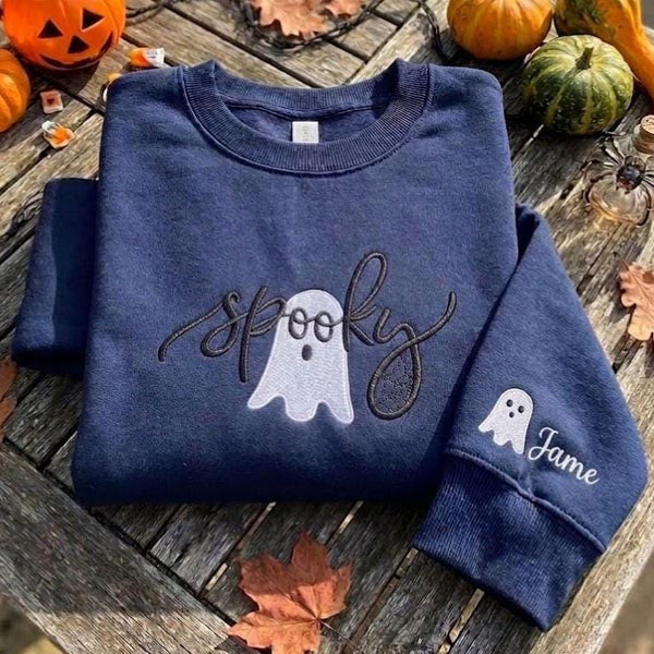Custom Sleeve Name Spooky Ghost Sweatshirt, Embroidered Halloween Navy Crewneck