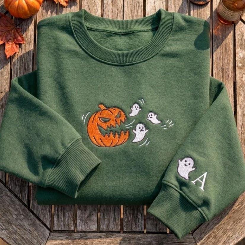 Custom Pumpkin Eating Ghosts Sweatshirt, Embroidered Sleeve Initial Halloween Crewneck