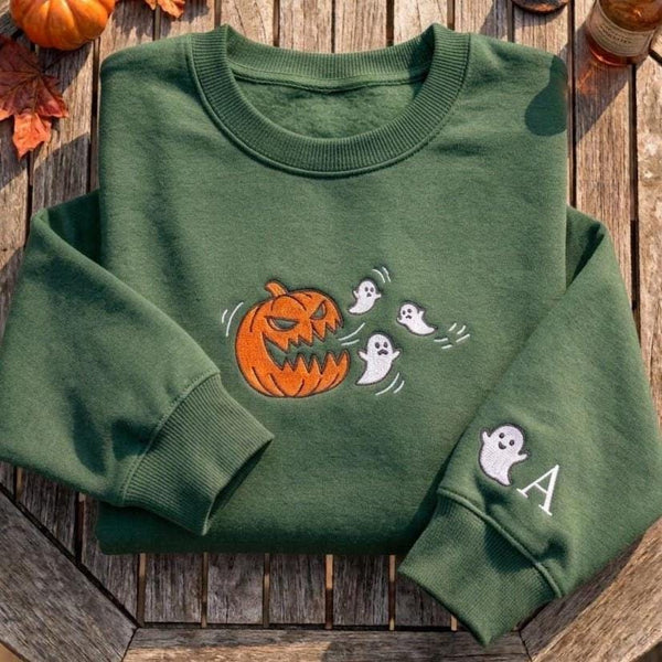 Custom Pumpkin Eating Ghosts Sweatshirt, Embroidered Sleeve Initial Halloween Crewneck