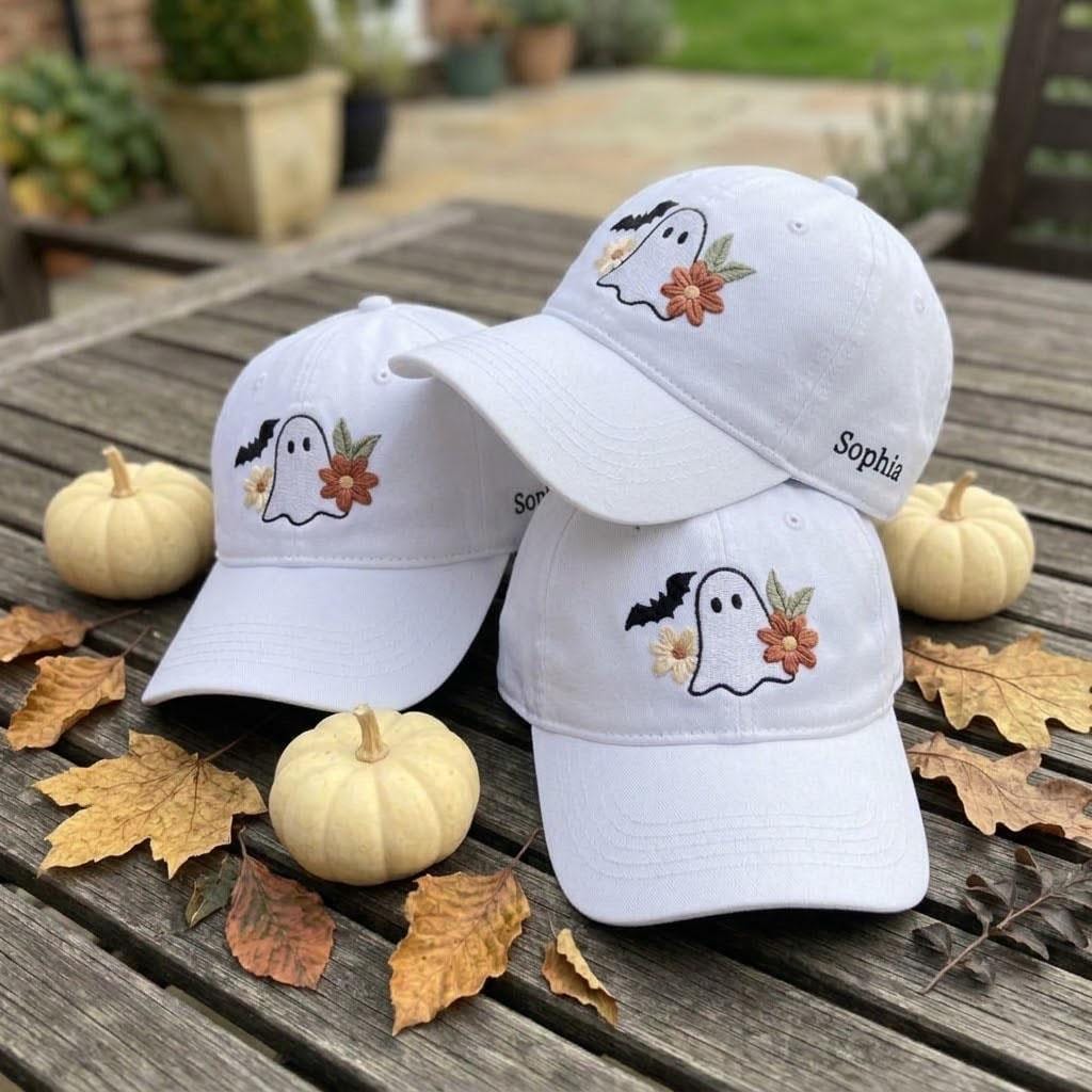 Custom Name Floral Ghost Embroidered Hat