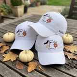 Custom Name Floral Ghost Embroidered Hat, Cute Halloween White Dad Hat, Bat Fall Flower Baseball Cap, Spooky Season Autumn Gift For Her
