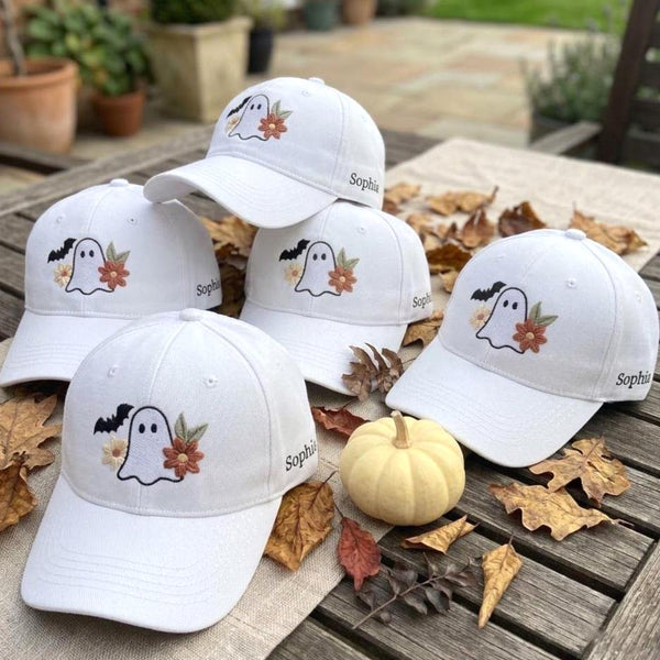 Custom Name Floral Ghost Embroidered Hat - Image 1