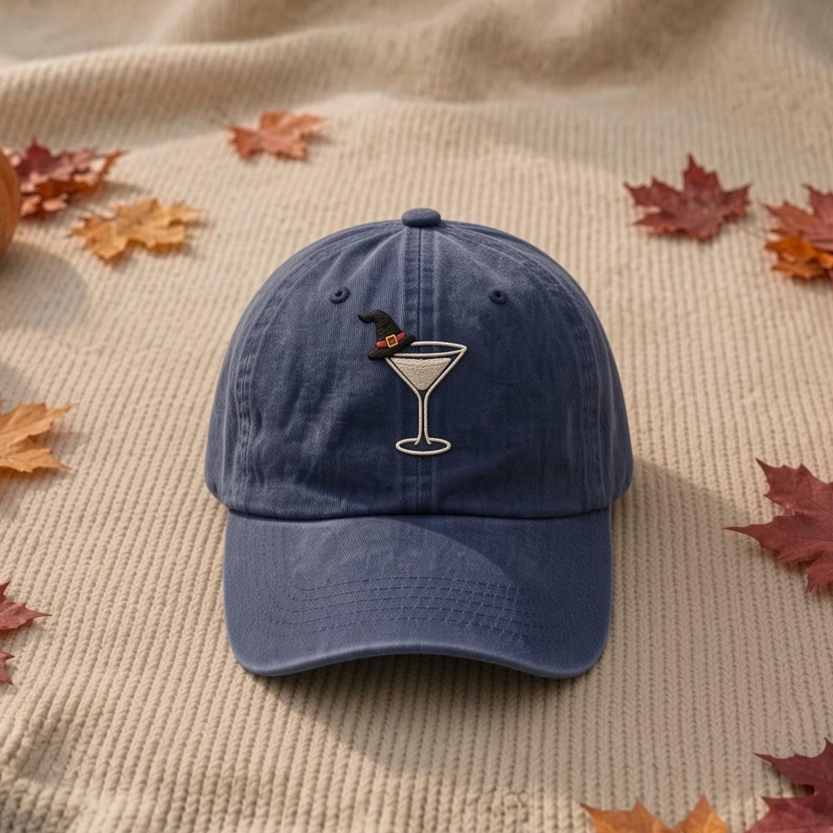 Custom Embroidered Autumn Martini Hat, Fall Cocktail Hat, Halloween Drink Hat, Thanksgiving Hat, Fall Embroidered Cap, Spooky Season Hat