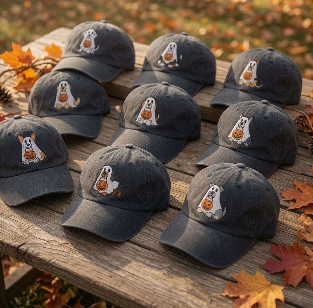 Custom Ghost Dog Embroidered Hat, Halloween Pumpkin Dog Dad Hat, Spooky Dog Mom Baseball Cap, Autumn Fall Embroidered Hat Gift for Dog Lover
