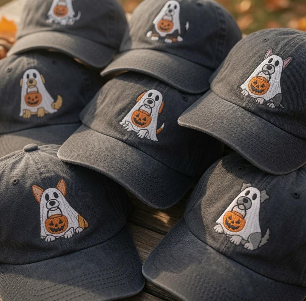 Custom Ghost Dog Embroidered Hat, Halloween Pumpkin Dog Dad Hat, Spooky Dog Mom Baseball Cap, Autumn Fall Embroidered Hat Gift for Dog Lover