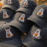 Custom Ghost Dog Embroidered Hat, Halloween Pumpkin Dog Dad Hat, Spooky Dog Mom Baseball Cap, Autumn Fall Embroidered Hat Gift for Dog Lover