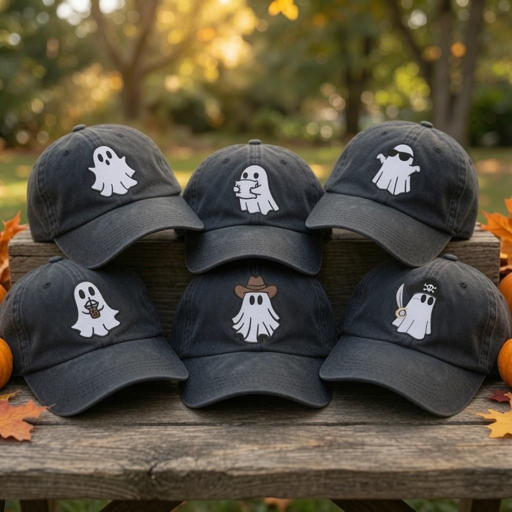 Custom Cute Ghost Embroidered Hat, Funny Halloween Ghost Dad Hat, Spooky Season Baseball Cap, Vintage Washed Cotton Hat, Halloween Gift