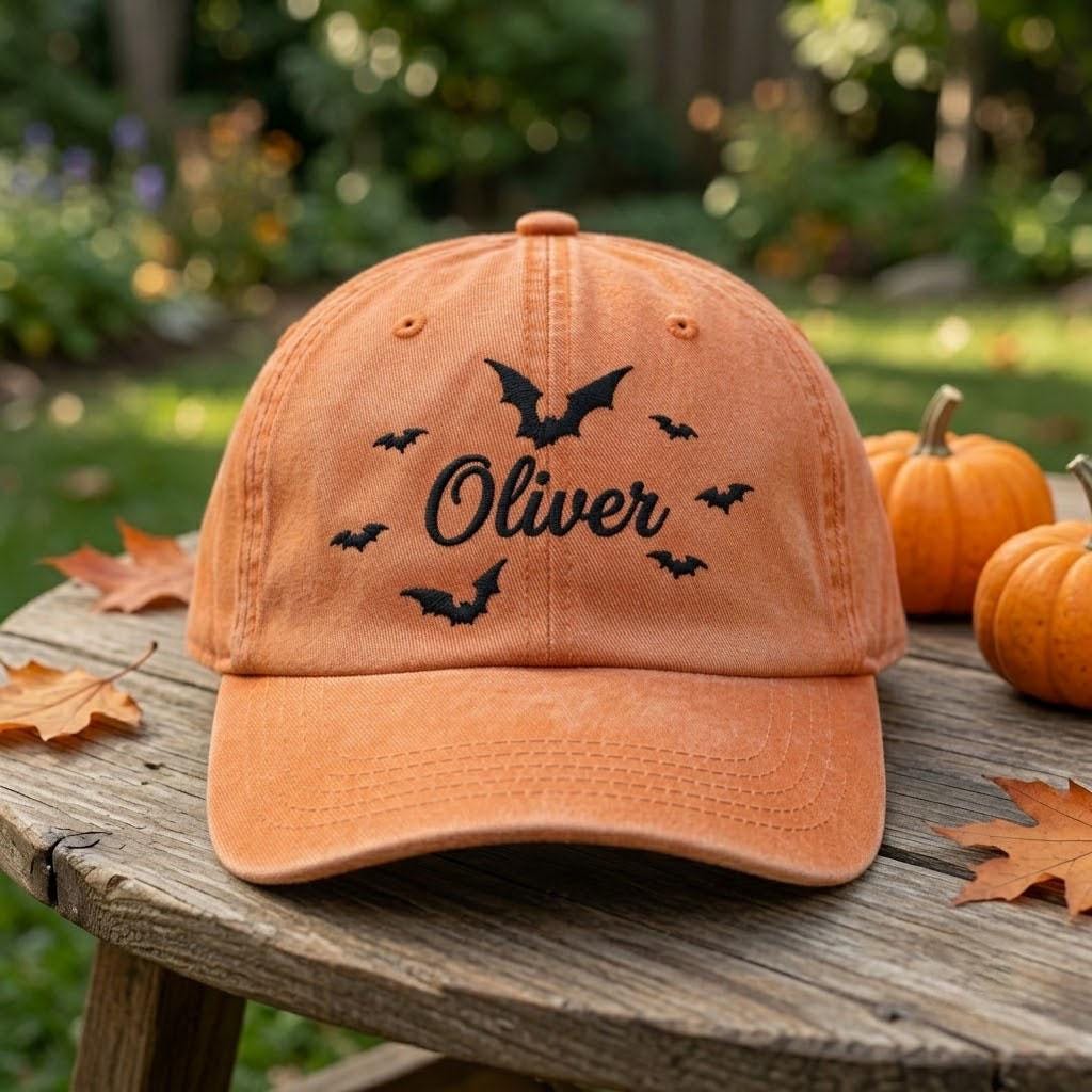 Custom Name Halloween Hat, Personalized Bat Embroidered Dad Hat, Custom Spooky Season Baseball Cap, Custom Name Gift, Halloween Party Hat