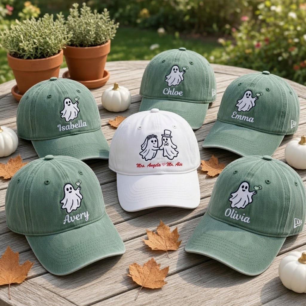 Custom Name Ghost Embroidered Hat - Halloween Bachelorette Gift