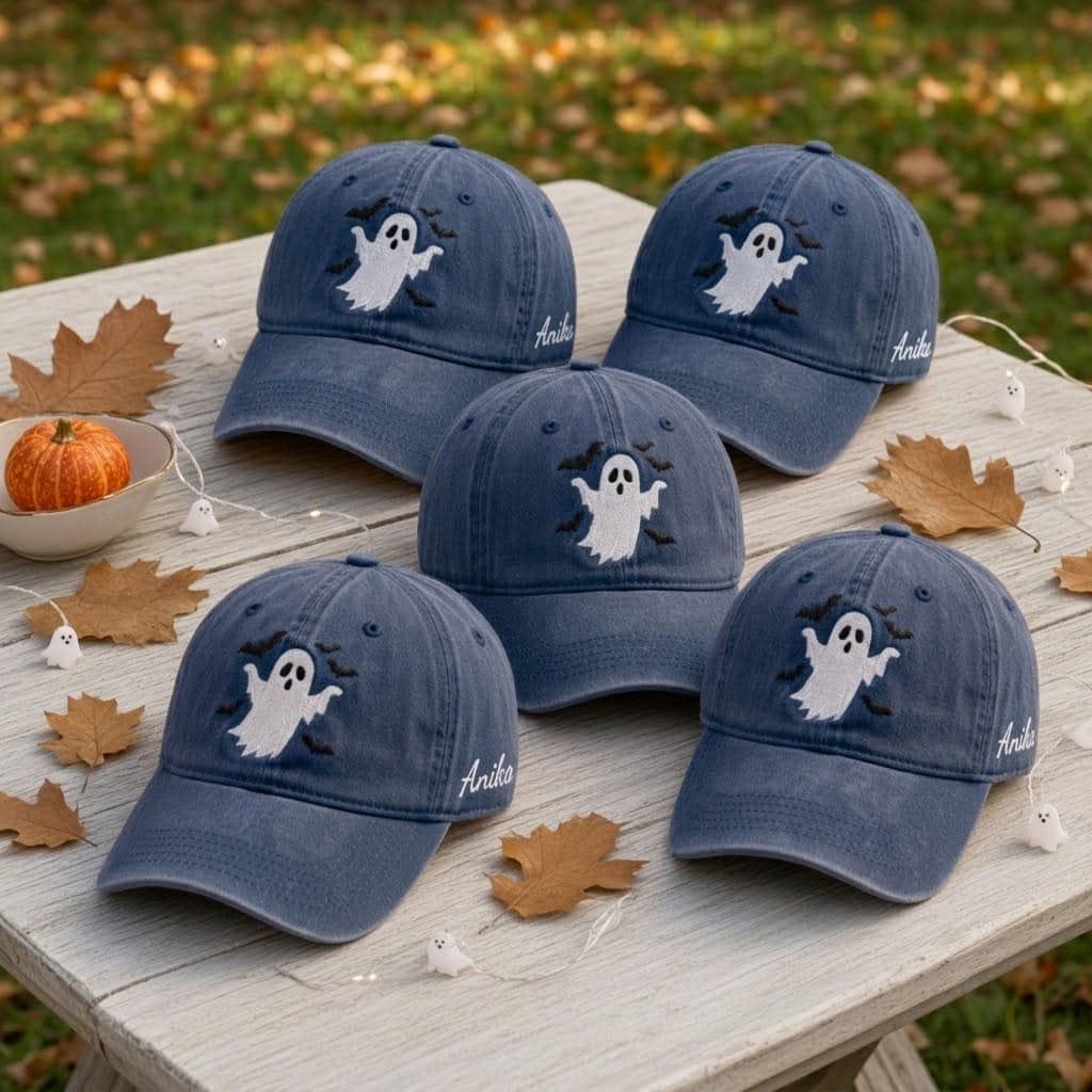 Custom Name Ghost Bats Embroidered Hat - Washed Cotton Dad Hat