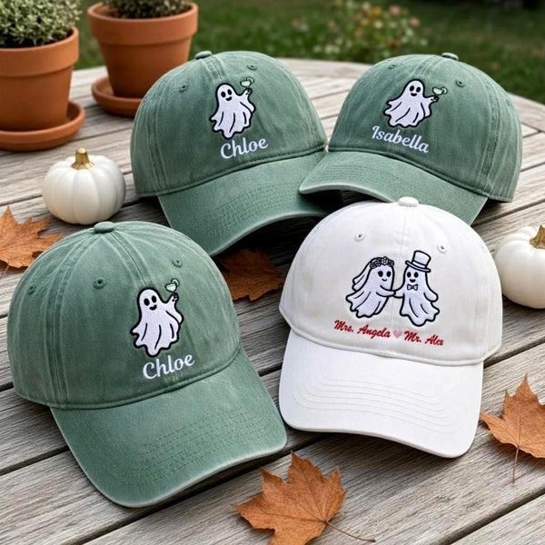 Custom Name Ghost Embroidered Hat - Halloween Bachelorette Gift - Image 1