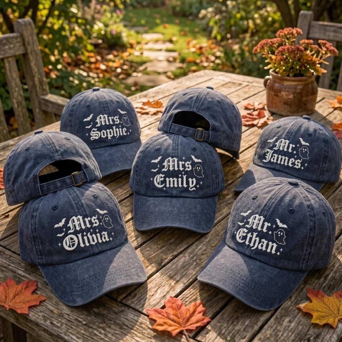 Custom Embroidered Halloween Hat, Personalized Wife Ghost Bat Hat, Gothic Spooky Season Hat, Custom Name Halloween Cap