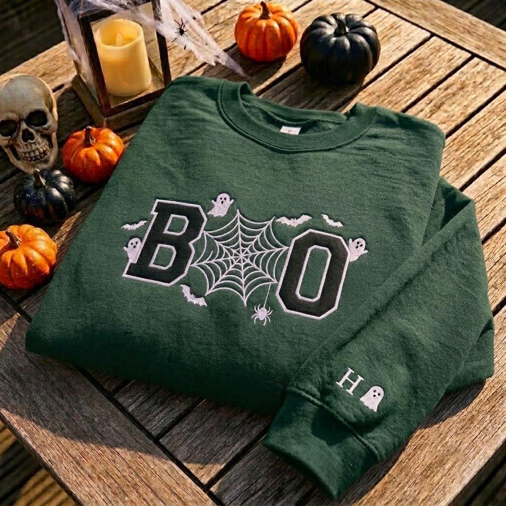Custom Boo Embroidered Sweatshirt, Spooky Spider Web Ghost Bat Sleeve Name Crewneck