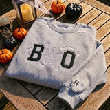 Custom Boo Embroidered Sweatshirt, Spooky Spider Web Ghost Bat Sleeve Name Crewneck