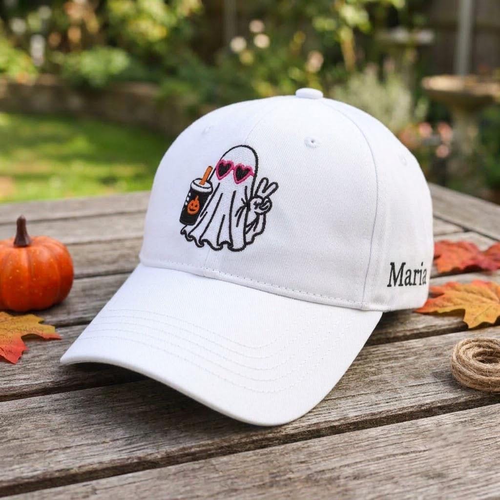 Custom Name Ghost Iced Coffee Hat, Orange Halloween Washed Dad Hat, Retro Spooky Season Coffee Lover Baseball Cap, Autumn Fall Gift For Her