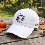 Custom Name Ghost Iced Coffee Hat, Orange Halloween Washed Dad Hat, Retro Spooky Season Coffee Lover Baseball Cap, Autumn Fall Gift For Her