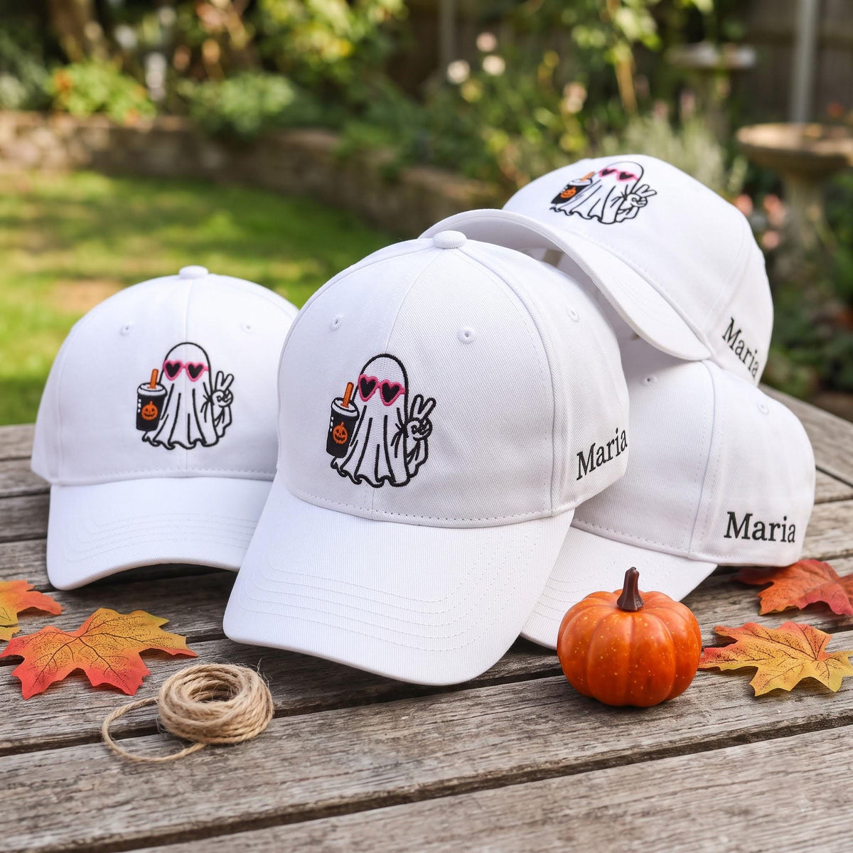 Custom Name Ghost Iced Coffee Hat, Orange Halloween Washed Dad Hat, Retro Spooky Season Coffee Lover Baseball Cap, Autumn Fall Gift For Her