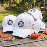 Custom Name Ghost Iced Coffee Hat, Orange Halloween Washed Dad Hat, Retro Spooky Season Coffee Lover Baseball Cap, Autumn Fall Gift For Her