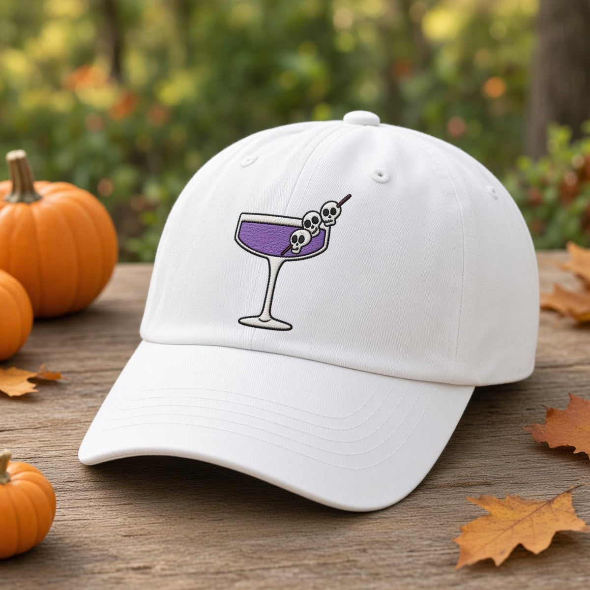 Custom Spooky Cocktail Embroidered Hat, Halloween Drink White Dad Hat, Witch Brew Martini Potion Baseball Cap, Bachelorette Fall Season Gift