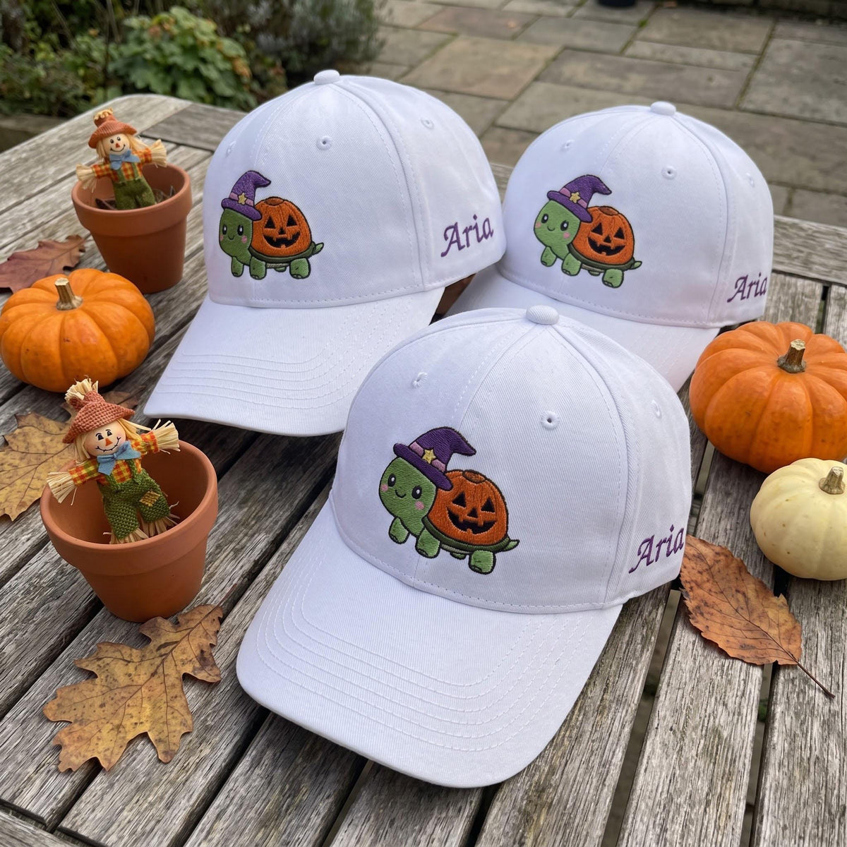 Custom Name Halloween Turtle Embroidered Hat, Cute Pumpkin Witch Hat White Dad Hat, Spooky Season Animal Baseball Cap, Fall Season Kids Gift