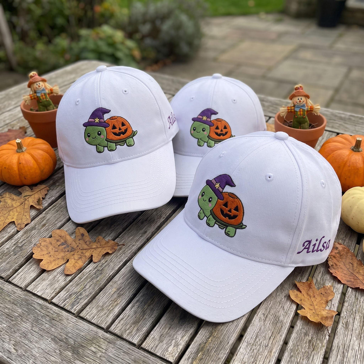 Custom Name Halloween Turtle Embroidered Hat, Cute Pumpkin Witch Hat White Dad Hat, Spooky Season Animal Baseball Cap, Fall Season Kids Gift