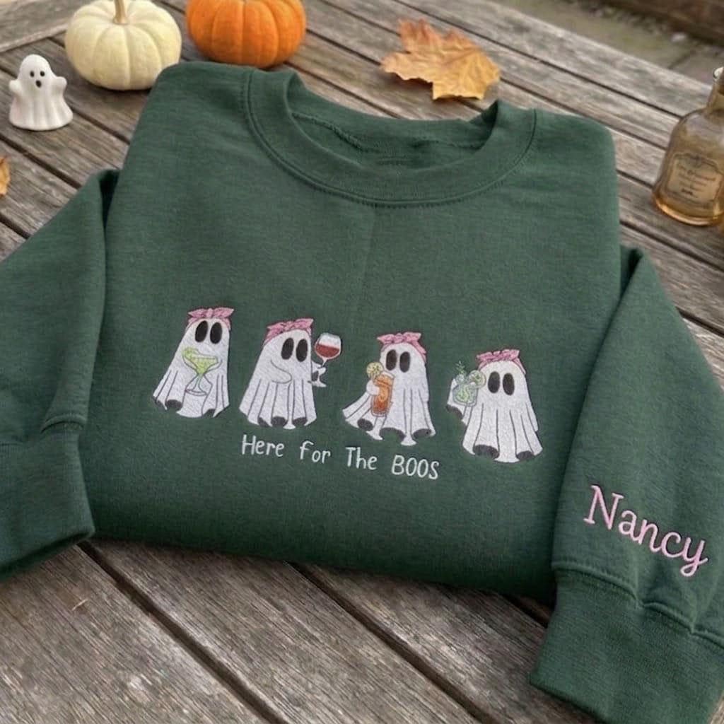 Custom Here For The Boos Sweatshirt, Halloween Drinking Ghost Sleeve Name Crewneck