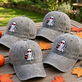 Custom Name Ghost Iced Coffee Hat, Orange Halloween Washed Dad Hat, Retro Spooky Season Coffee Lover Baseball Cap, Autumn Fall Gift For Her