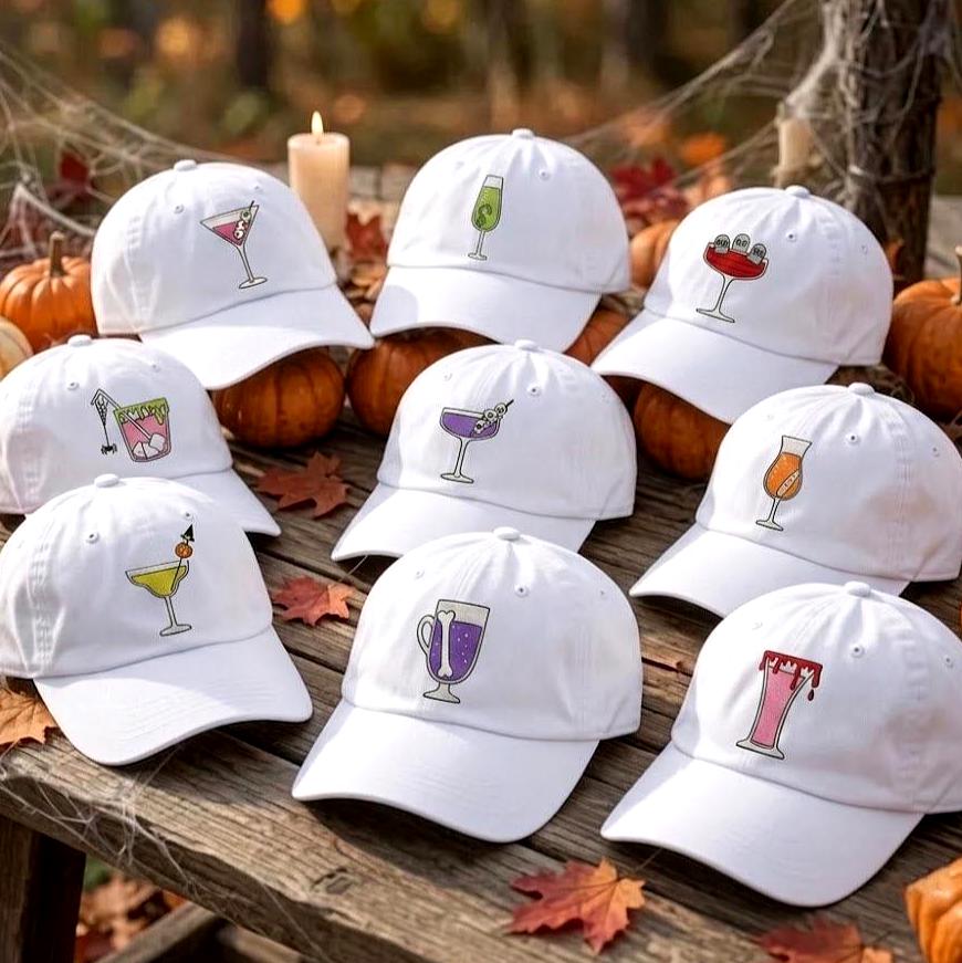 Custom Spooky Cocktail Embroidered Hat, Halloween Drink White Dad Hat, Witch Brew Martini Potion Baseball Cap, Bachelorette Fall Season Gift