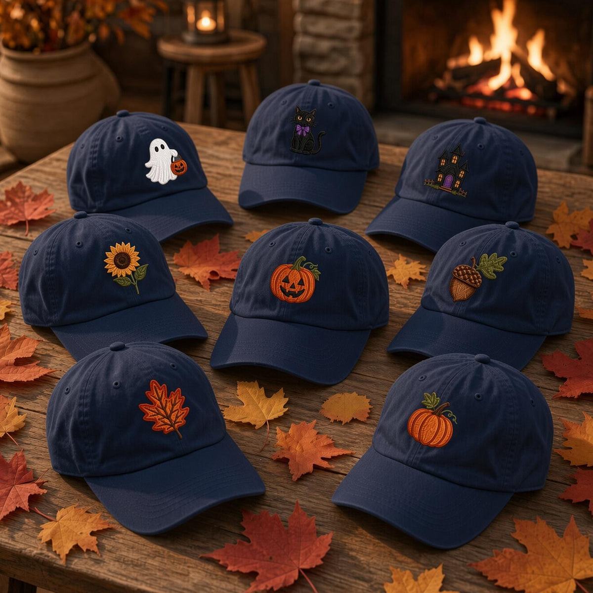 Halloween Icons Embroidered Hat, Ghost Black Cat Pumpkin Leaf Baseball Cap, Fall Gift