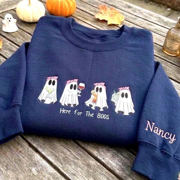 Custom Here For The Boos Sweatshirt, Halloween Drinking Ghost Sleeve Name Crewneck