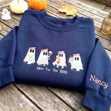 Custom Here For The Boos Sweatshirt, Halloween Drinking Ghost Sleeve Name Crewneck