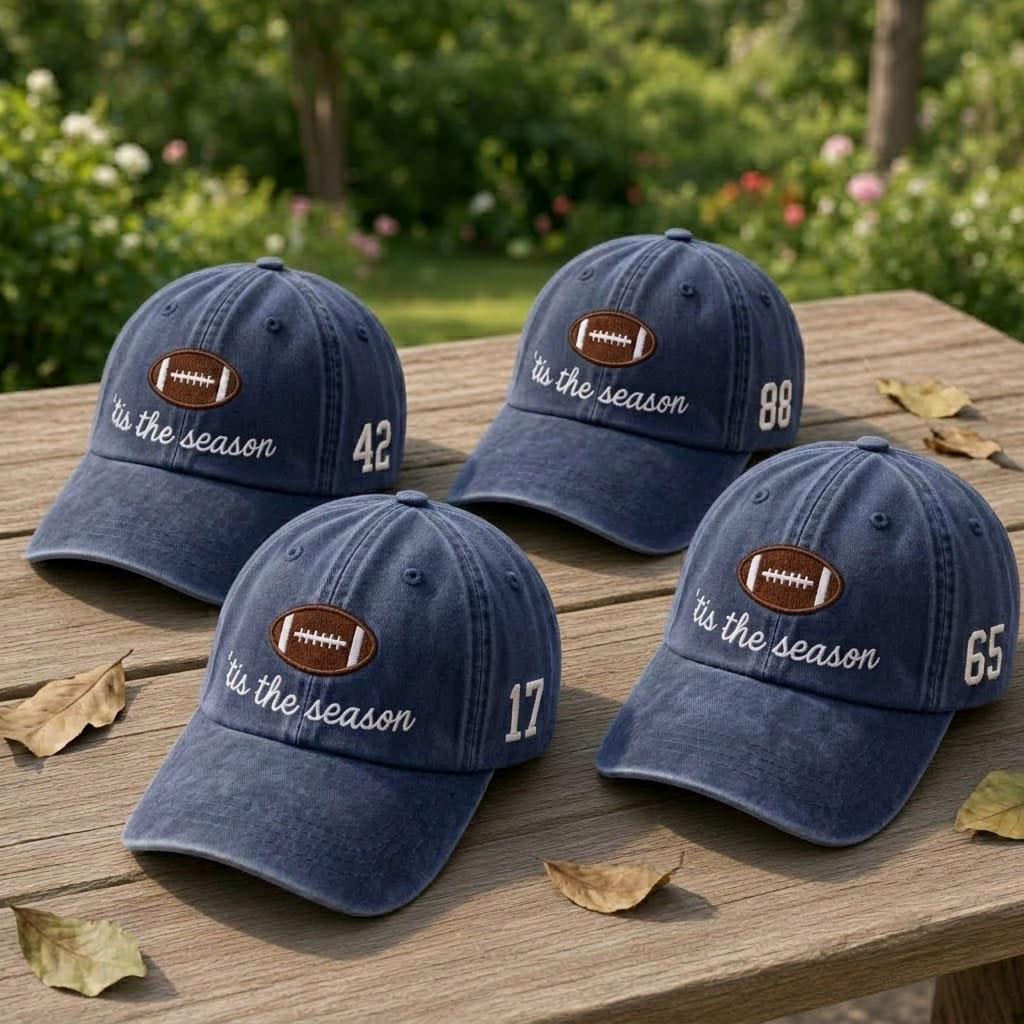 Custom Football Embroidered Hat, Tis The Season Football Dad Hat, Custom Jersey Number Side Baseball Cap, Game Day Sports Gift Football Mom