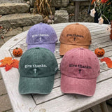 Custom Name Give Thanks Cross Hat, Embroidered Christian Dad Hat, Vintage Washed Faith Baseball Cap, Thanksgiving Autumn Fall Gift For Her