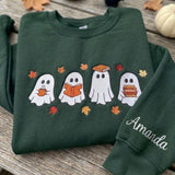 Custom Reading Ghost Embroidered Sweatshirt, Halloween Book Lover Coffee Sleeve Crewneck