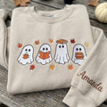 Custom Reading Ghost Embroidered Sweatshirt, Halloween Book Lover Coffee Sleeve Crewneck