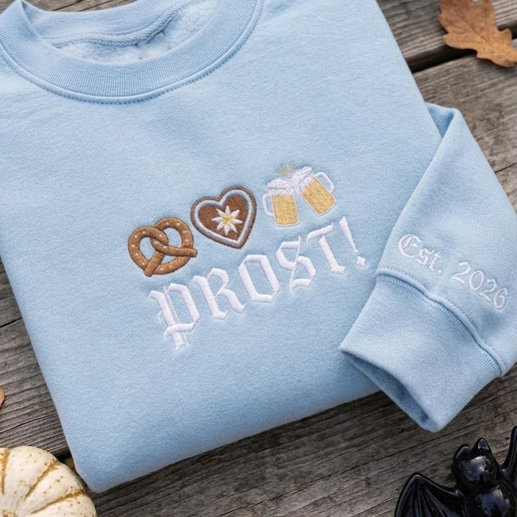 Custom Prost Embroidered Sweatshirt, Oktoberfest Beer Pretzel Sleeve Crewneck