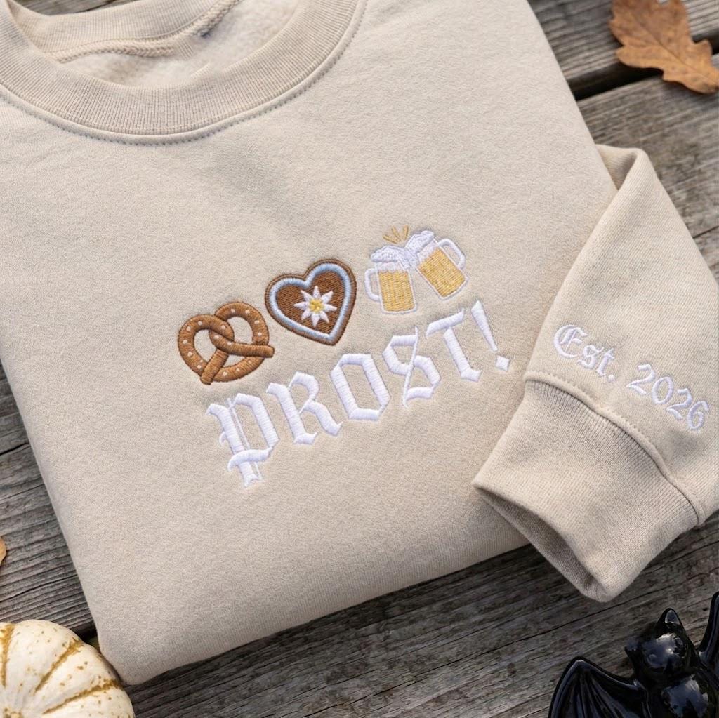 Custom Prost Embroidered Sweatshirt, Oktoberfest Beer Pretzel Sleeve Crewneck