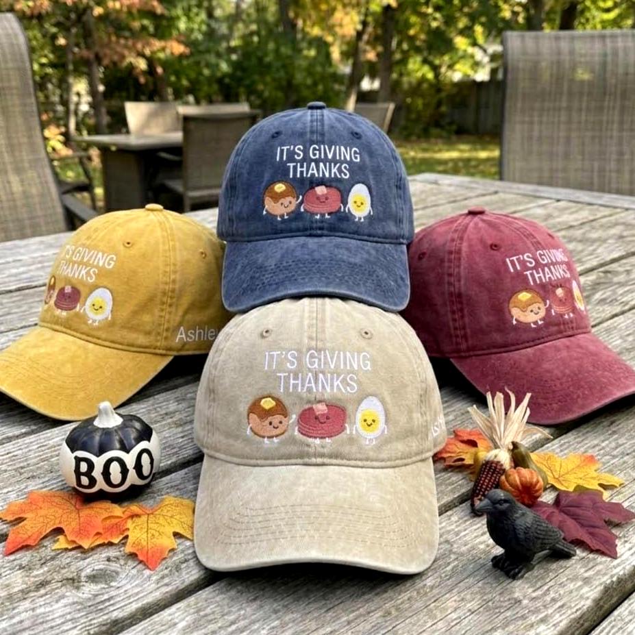 Custom Name It's Giving Thanks Hat, Embroidered Thanksgiving Food Washed Cotton Dad Hat, Cute Fall Season Baseball Cap, Autumn Gift For Her