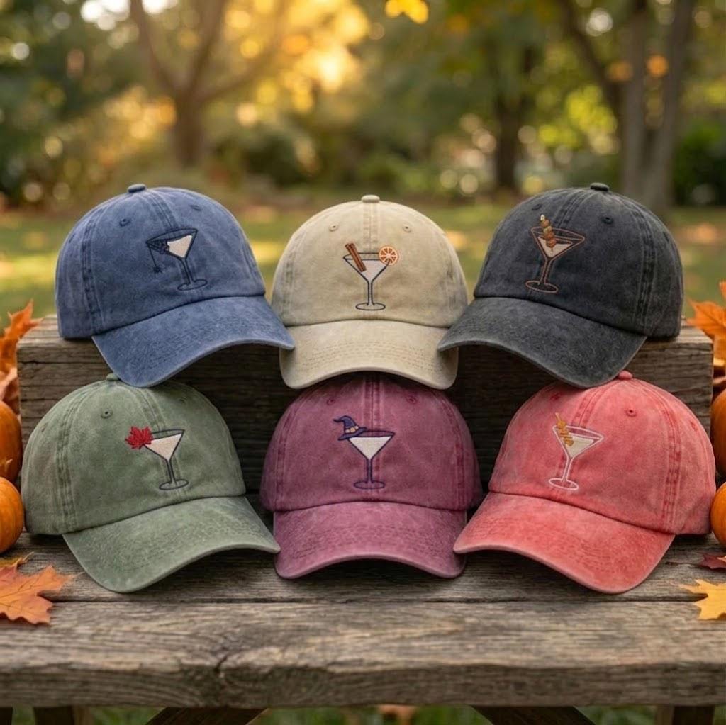 Custom Halloween Cocktail Embroidered Hat, Spooky Martini Dad Hat, Cute Witchy Drink White Baseball Cap, Fall Season Girls Trip Party Gift