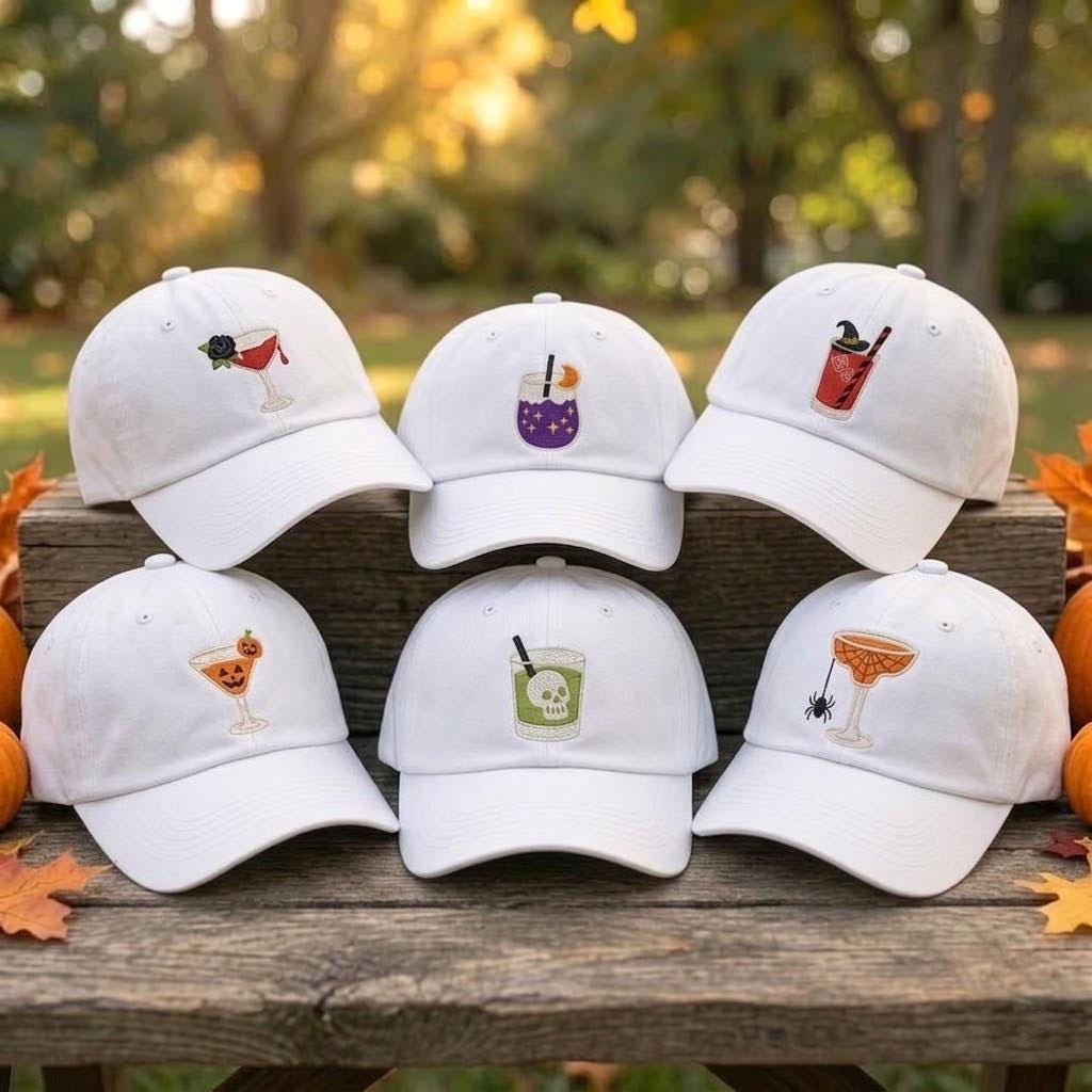 Custom Spooky Drink Embroidered Hat, Halloween Cocktail Dad Hat, Cute Witchy Boba Baseball Cap, Vintage Washed Cotton Fall Season Gift