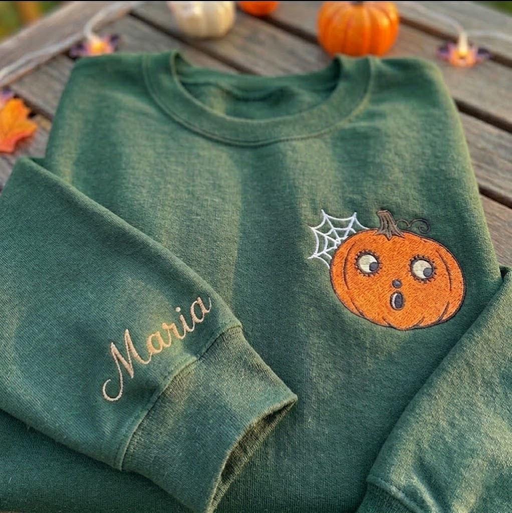 Custom Pumpkin Embroidered Sweatshirt, Spooky Spider Web Sleeve Name Halloween Crewneck