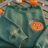 Custom Pumpkin Embroidered Sweatshirt, Spooky Spider Web Sleeve Name Halloween Crewneck
